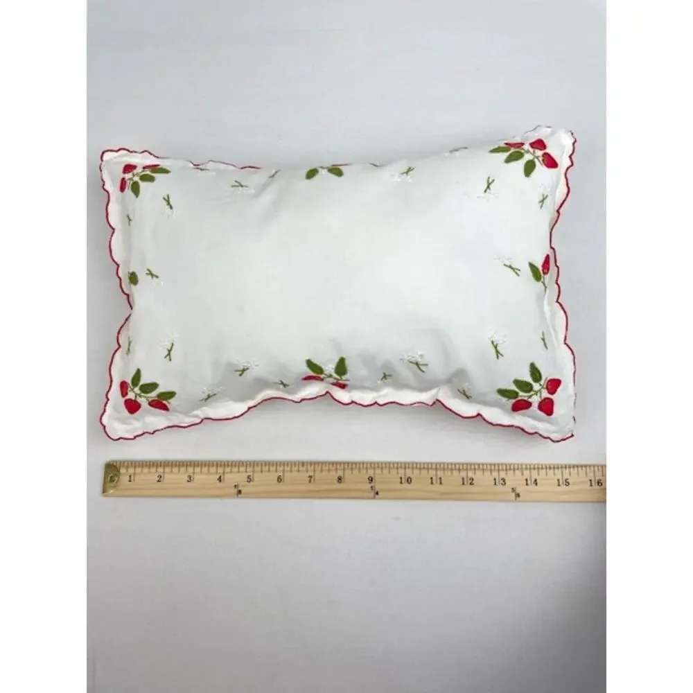 Vintage Embroidered Strawberry Linen Pillow Scalloped Edge Cottagecore 15x9